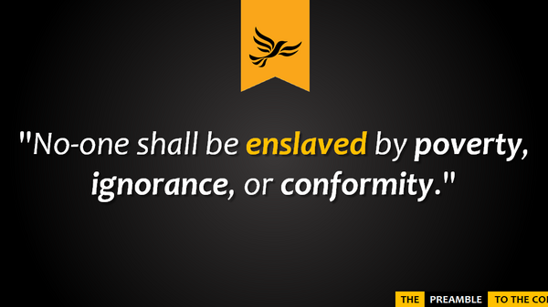 "No-one shall be enslaved by poverty, ignorance, or conformity" - The Preamble to the Constitution