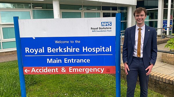 Parliamentary spokesperson Henry Wright outside the Royal Berkshire Hospital